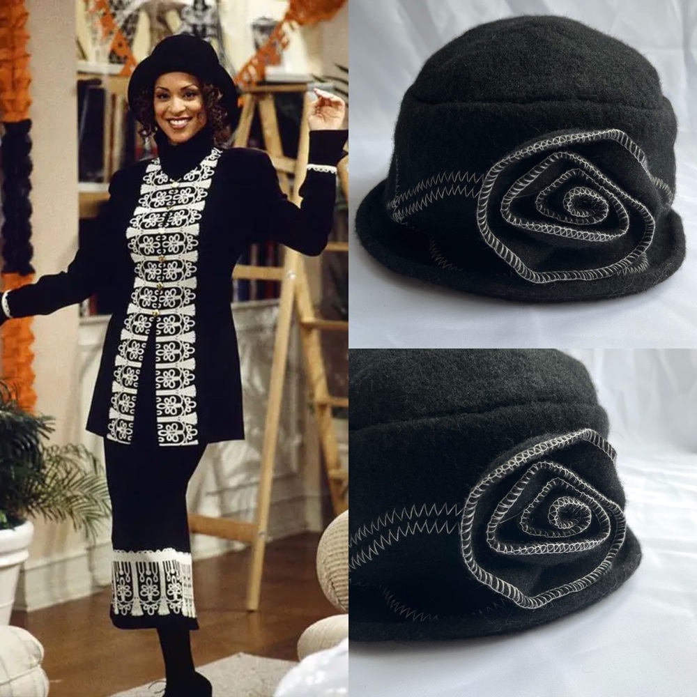 ✿ 90s Vintage Black and‎ White 100% Wool Floral Retro Cloche Style Hat